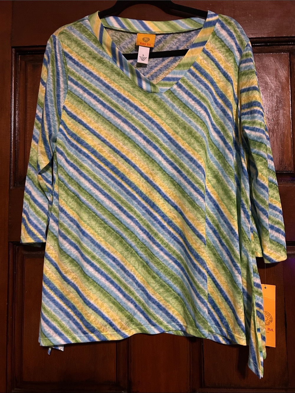 Ruby Rd. Diagonal Stripe V-Neck Top in Green, Blue & Yellow
